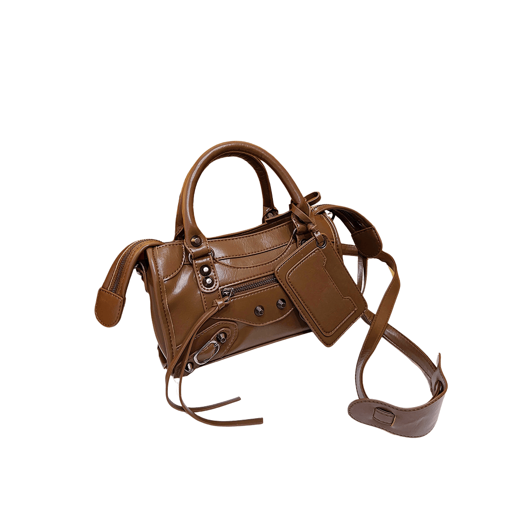 Brown ladies handbag with detachable card case and decorative bucket studs
