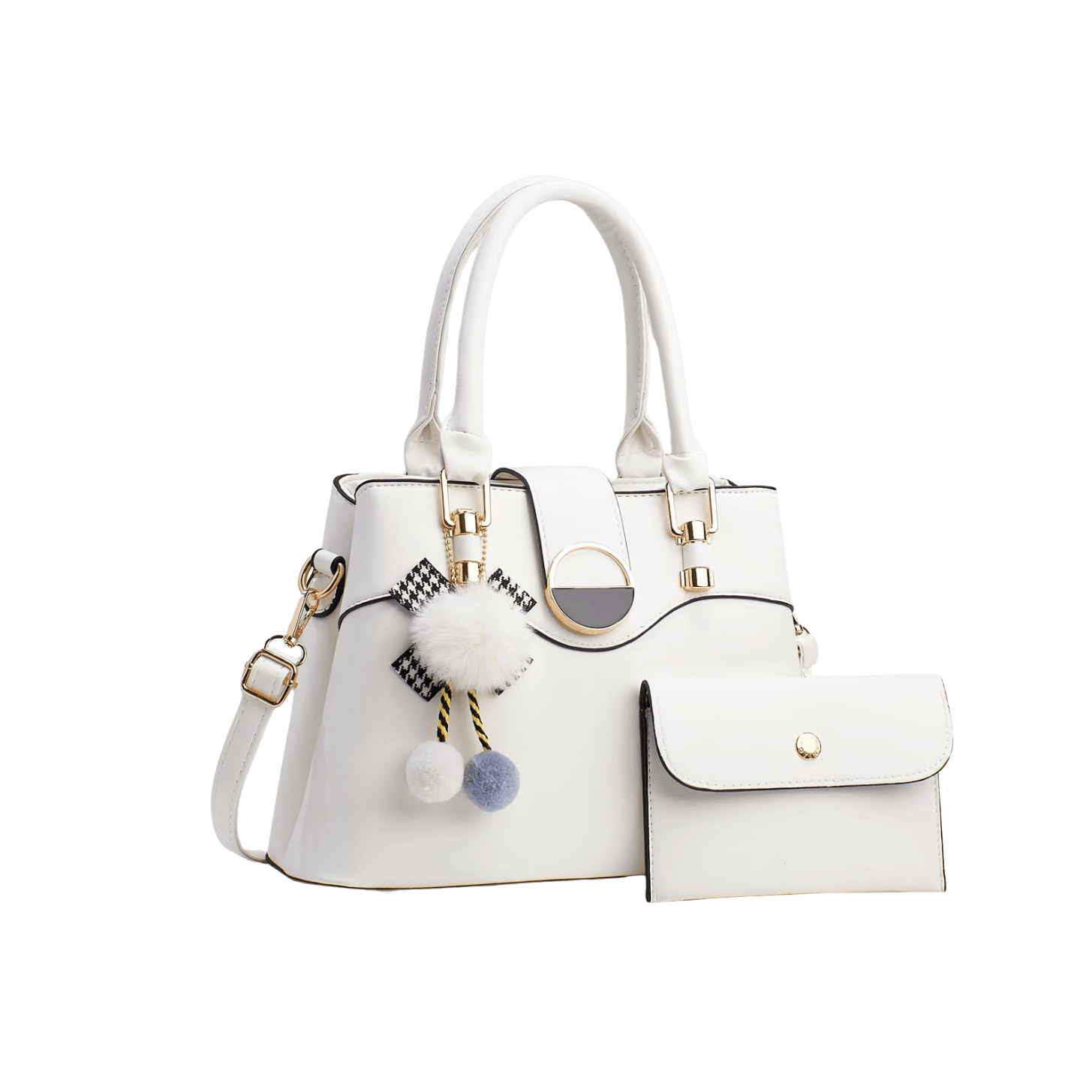 White ladies handbag sets with detachable pompom and bowknot hangtag