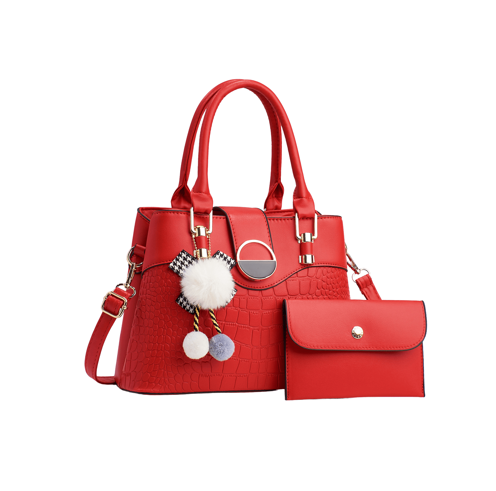 White ladies handbag sets with detachable pompom and bowknot hangtag