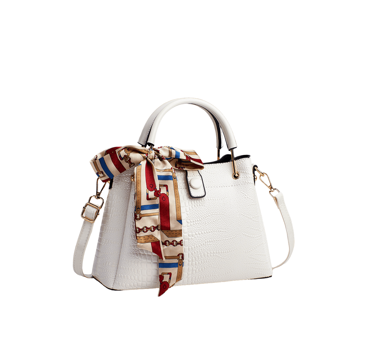 White ladies handbag with decorative scarf and metal handle