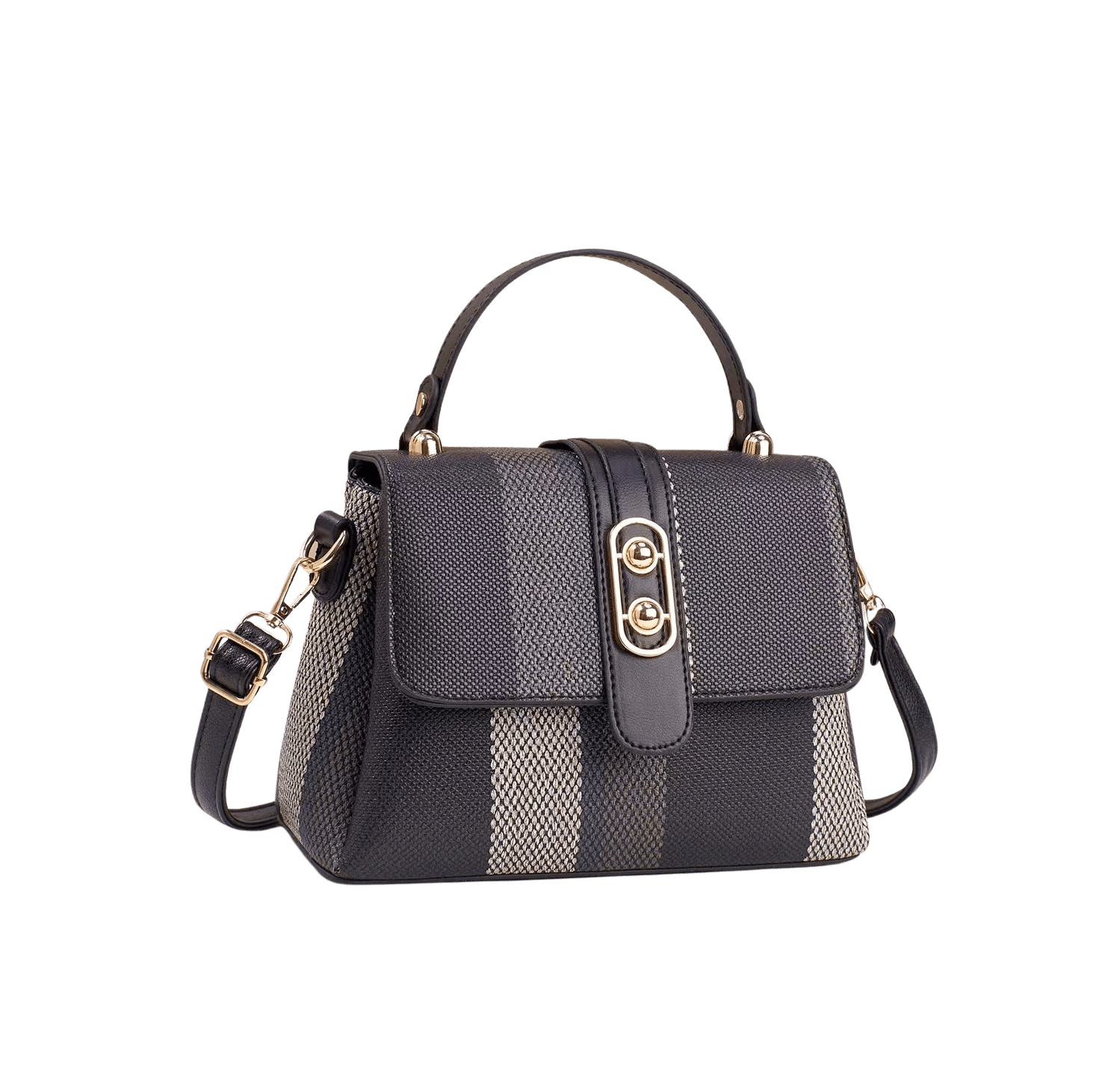 Stripe ladies handbag with black trim PU and decorative oval hardware on the flap