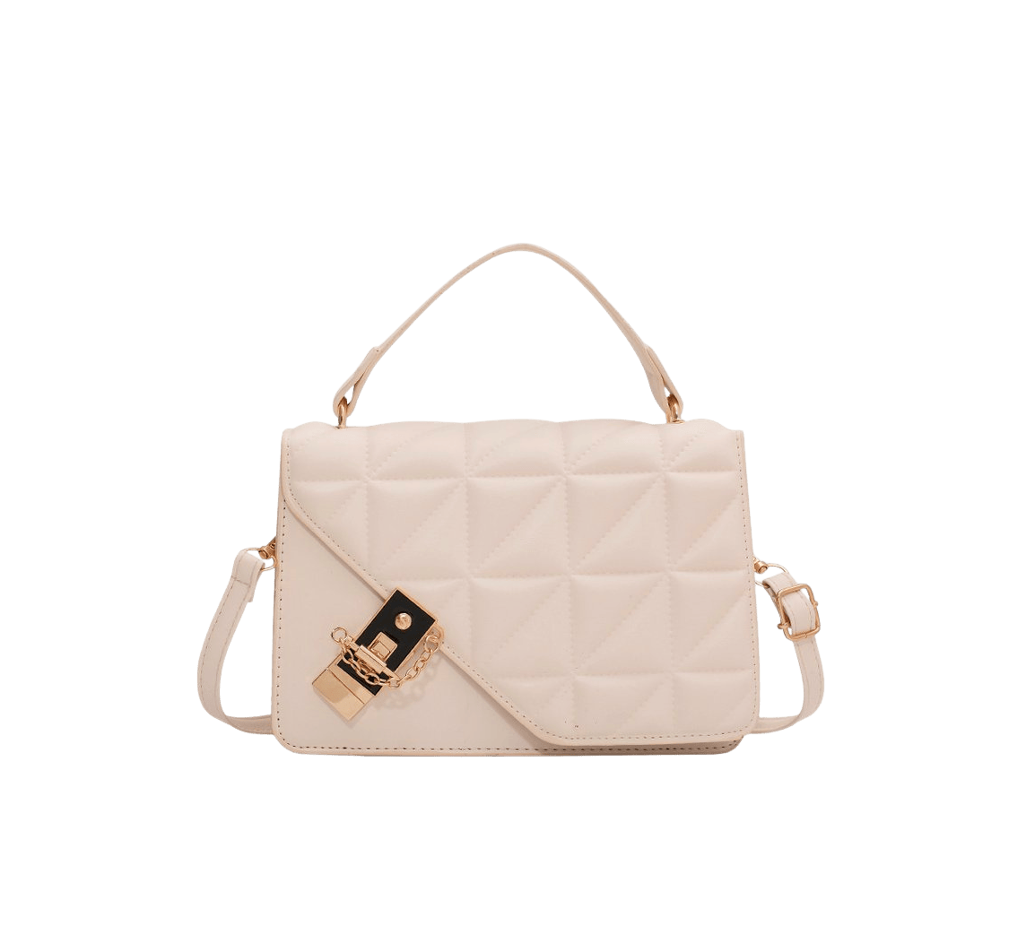 Beige quilting ladies handbag with black enemal lock closure and metal bridge on the top