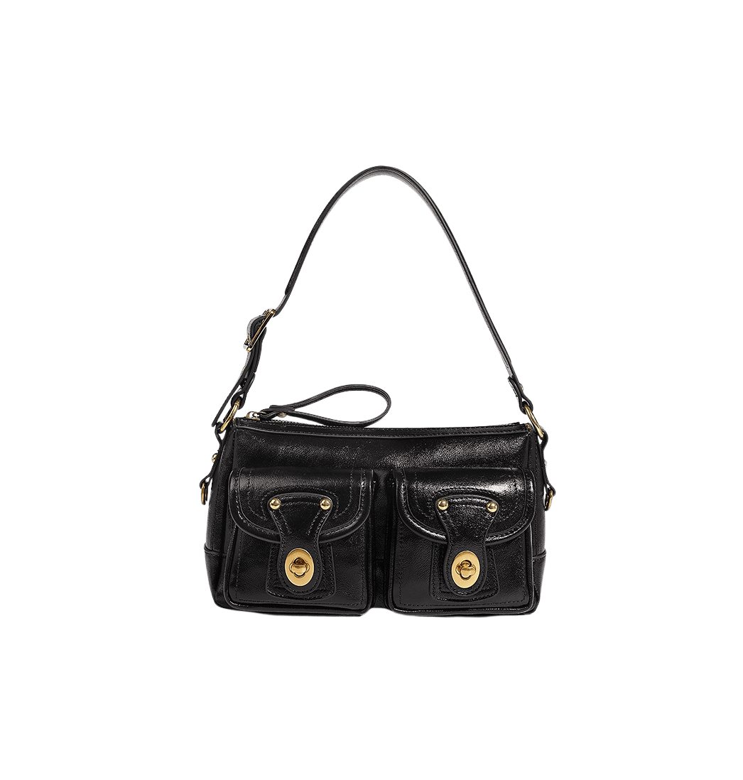 Black ladies handbag with front open pockets and decorative studs