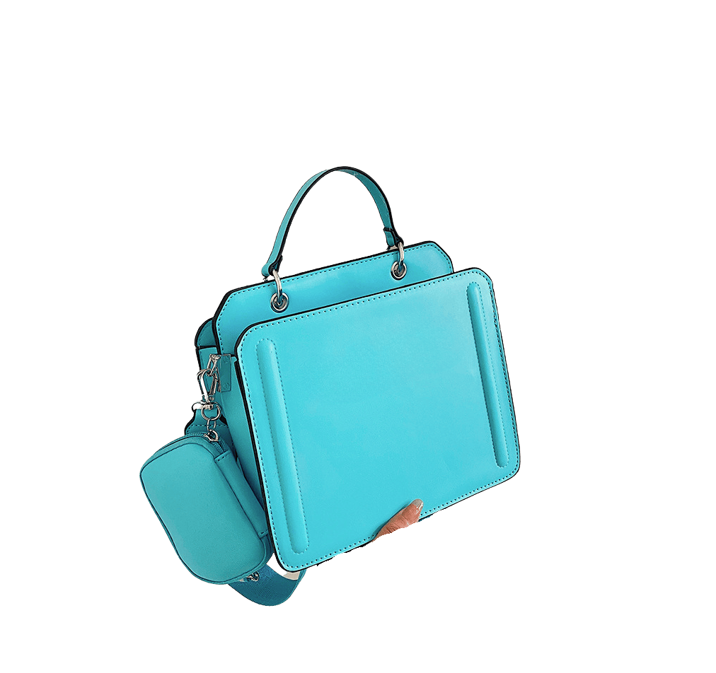 Blue ladies handbag with detachable pouch and black edge painting