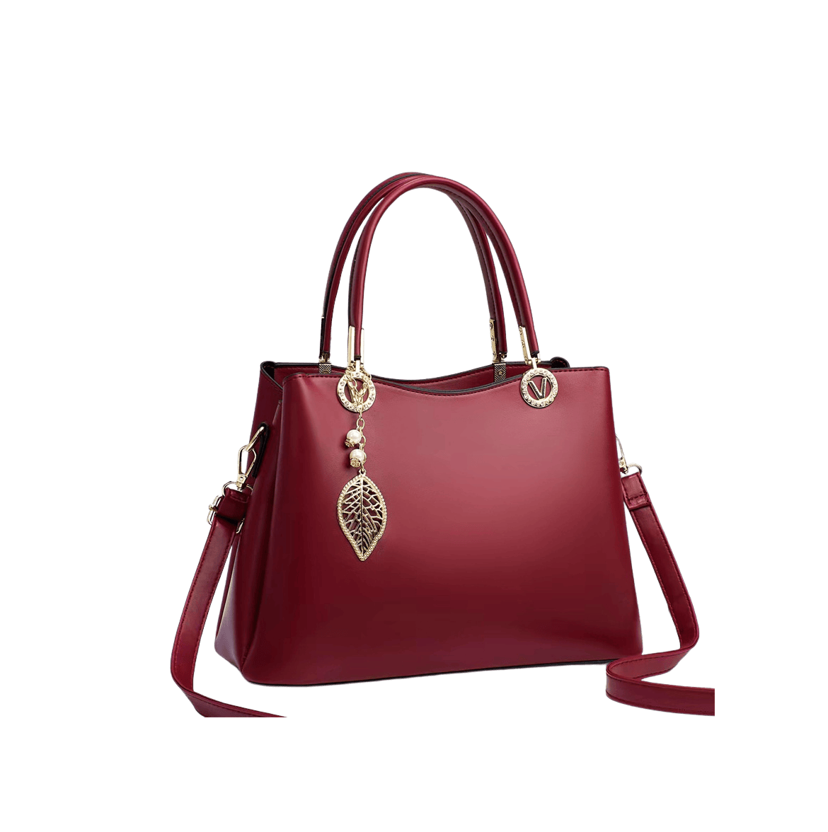 Burgundy ladies handbag with detachable leaf hangtag and metal tab of the handle
