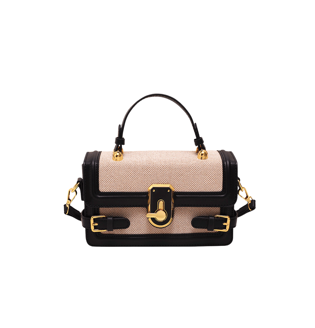 Beige ladies handbag with black trim PU and black enemal lock closure