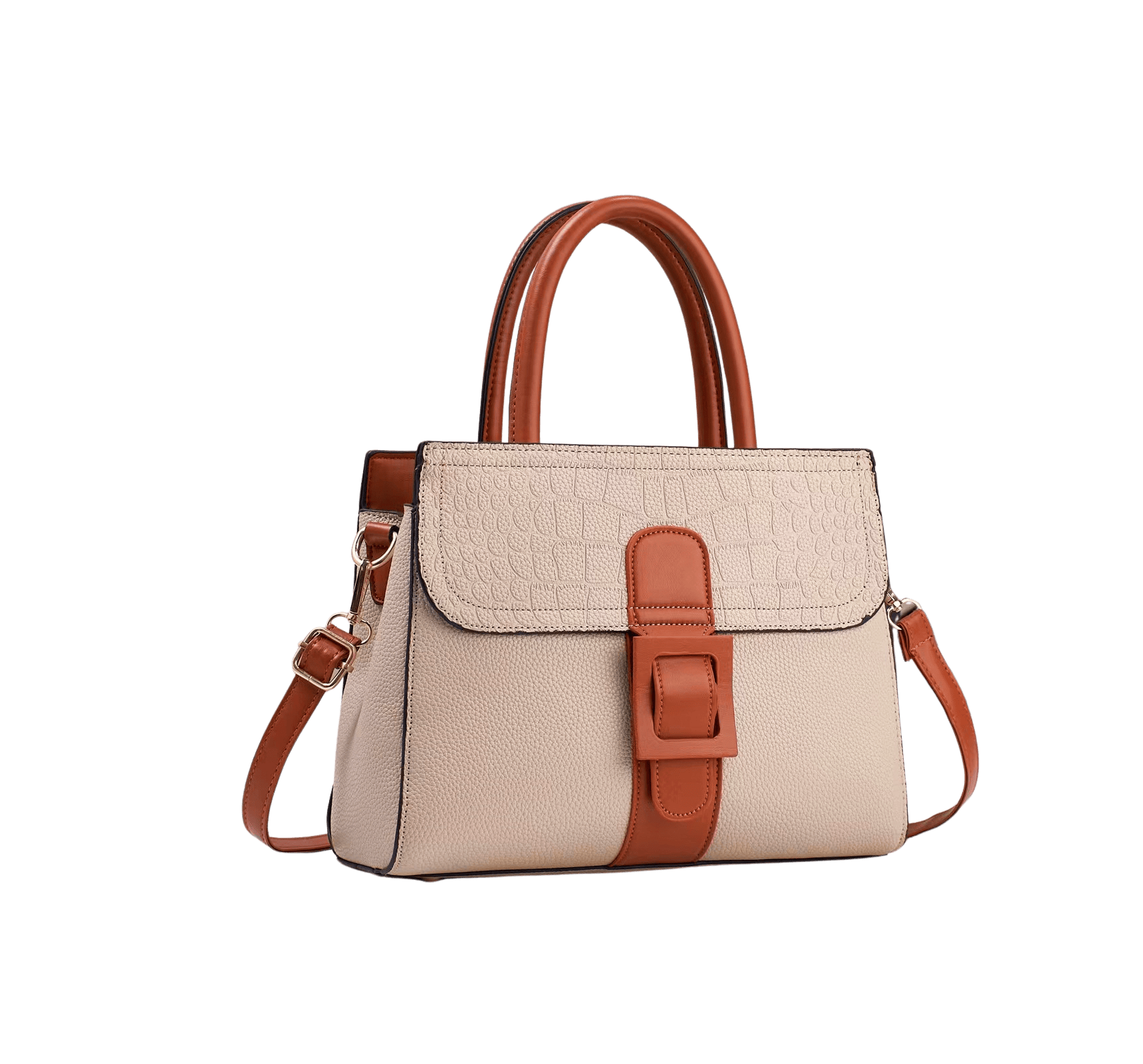 Pink croco PU ladies handbag with plastic buckle and brown trim PU