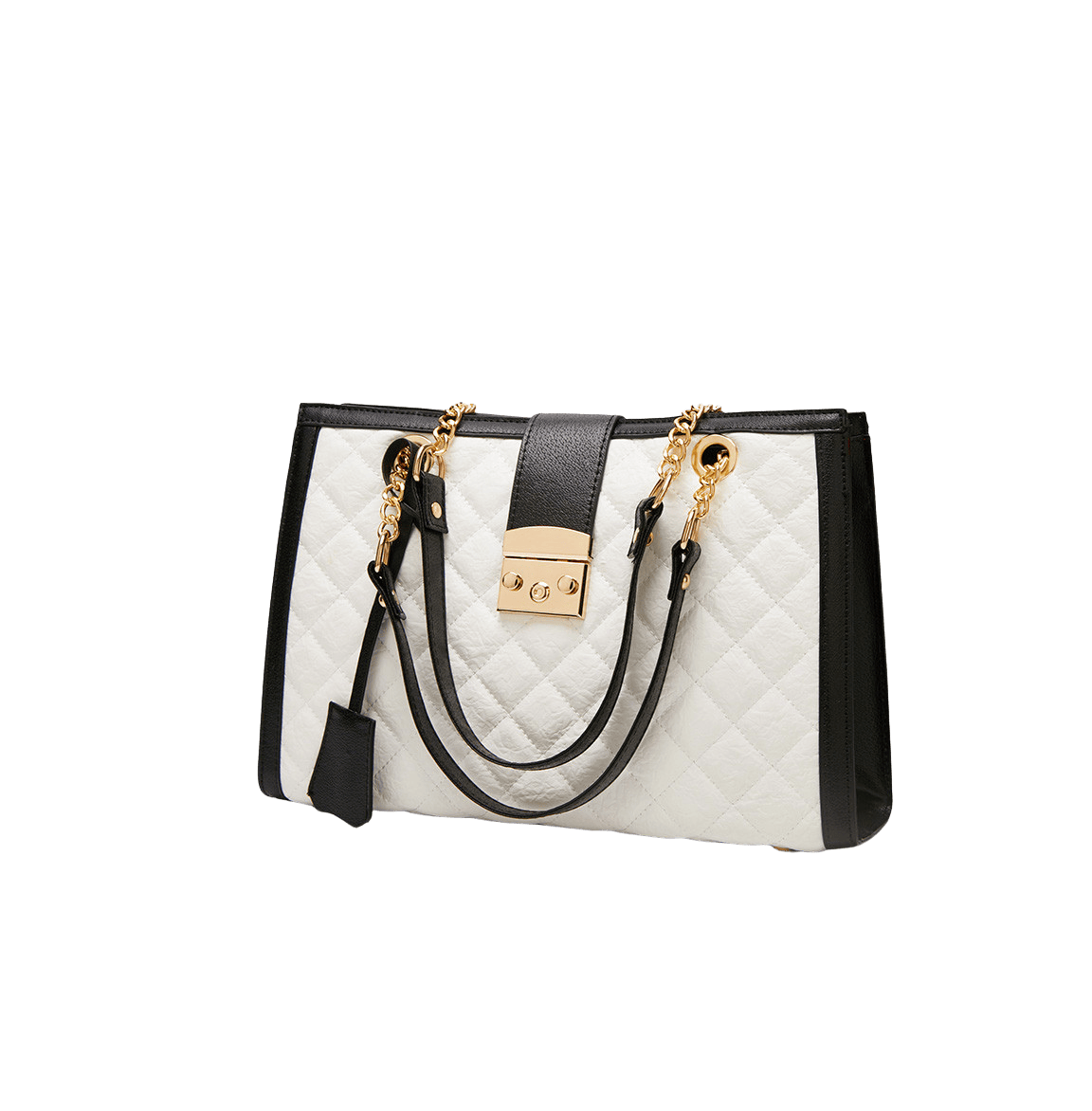 Beige quilting ladies tote bag with black trim PU and detachable PU hangtag