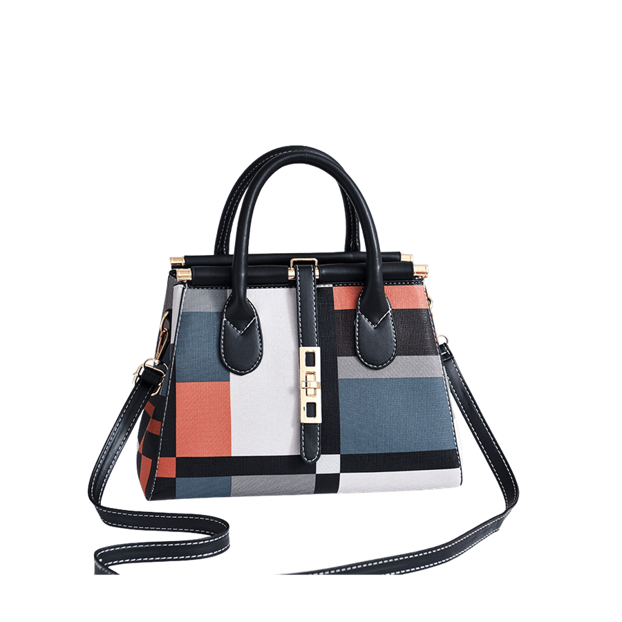 Splicing PU ladies handbag with lock closure and metal bar on the top