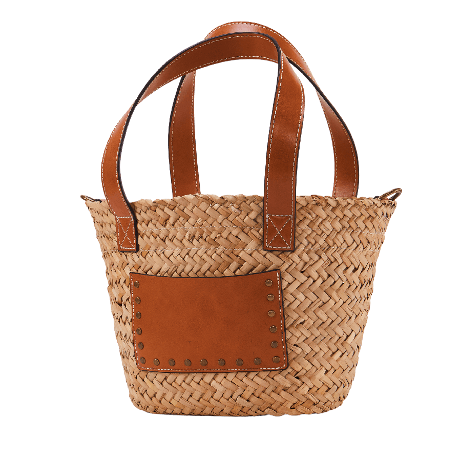 Beige straw ladies handbag with brown trim PU and front open pocket