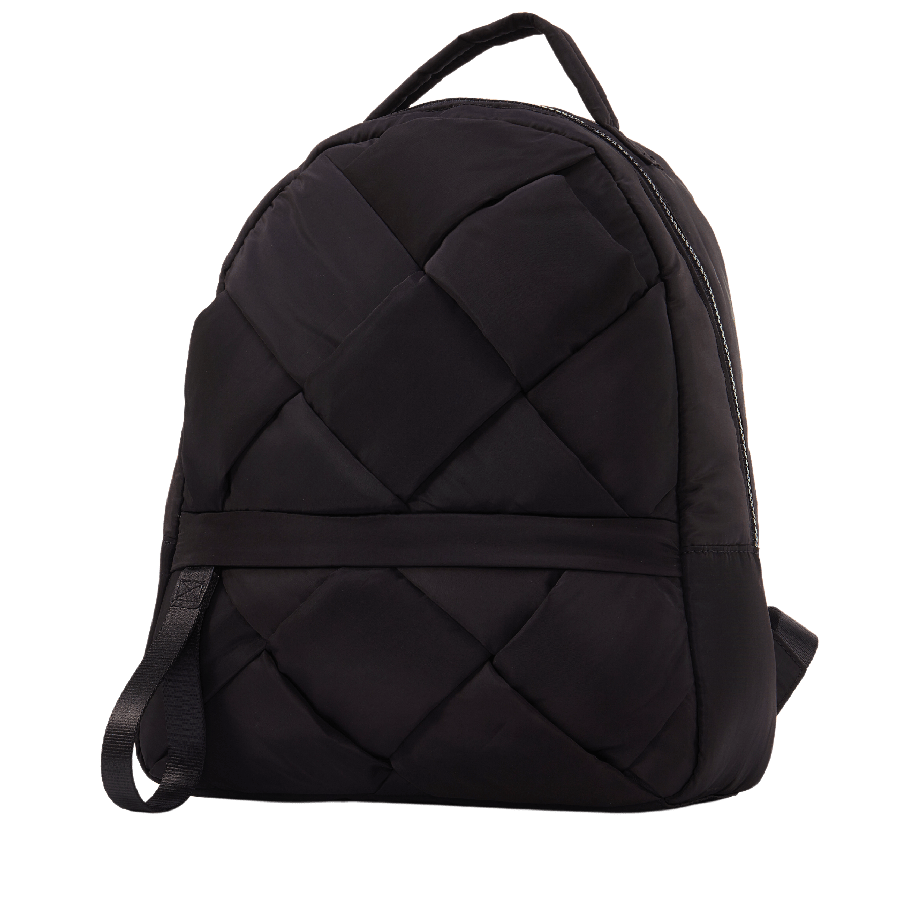 Black weave backpack with long zip puller on front pocket