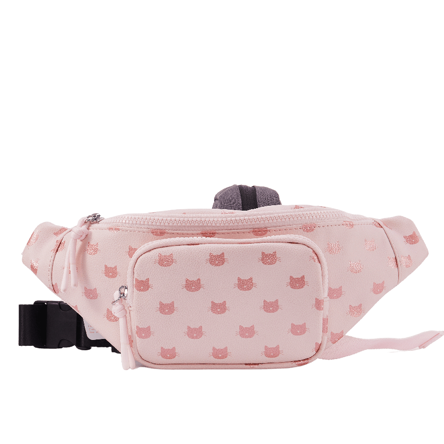 Pink ladies belt bag with cats prints and front zipper pocket