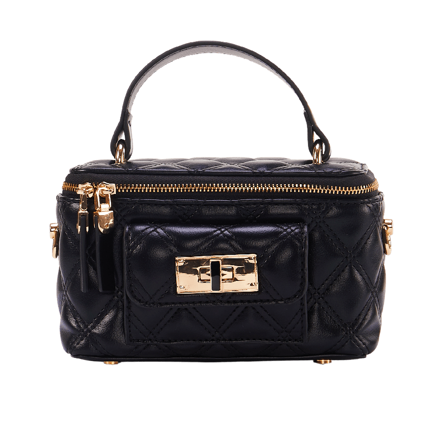 Black quilting ladies handbag with front open pocket and double metal zip puller
