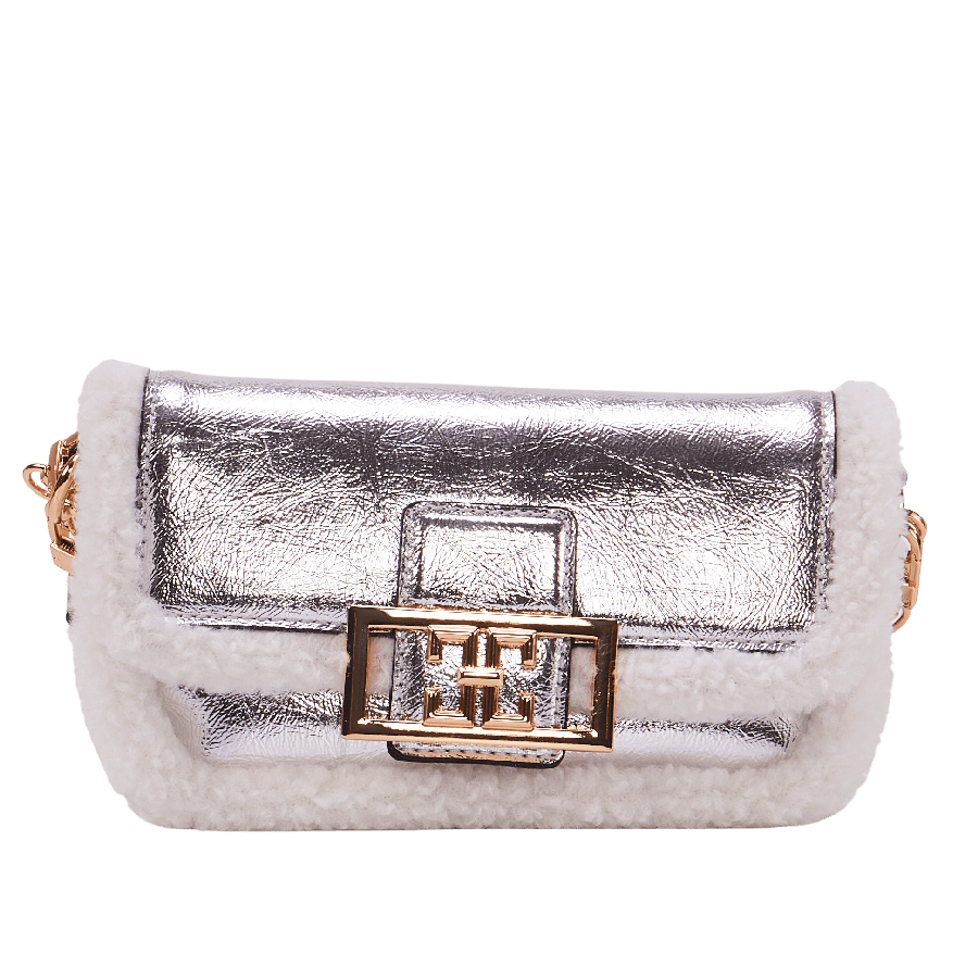 Silver crossbody bag with trim faux fur and lock closure
