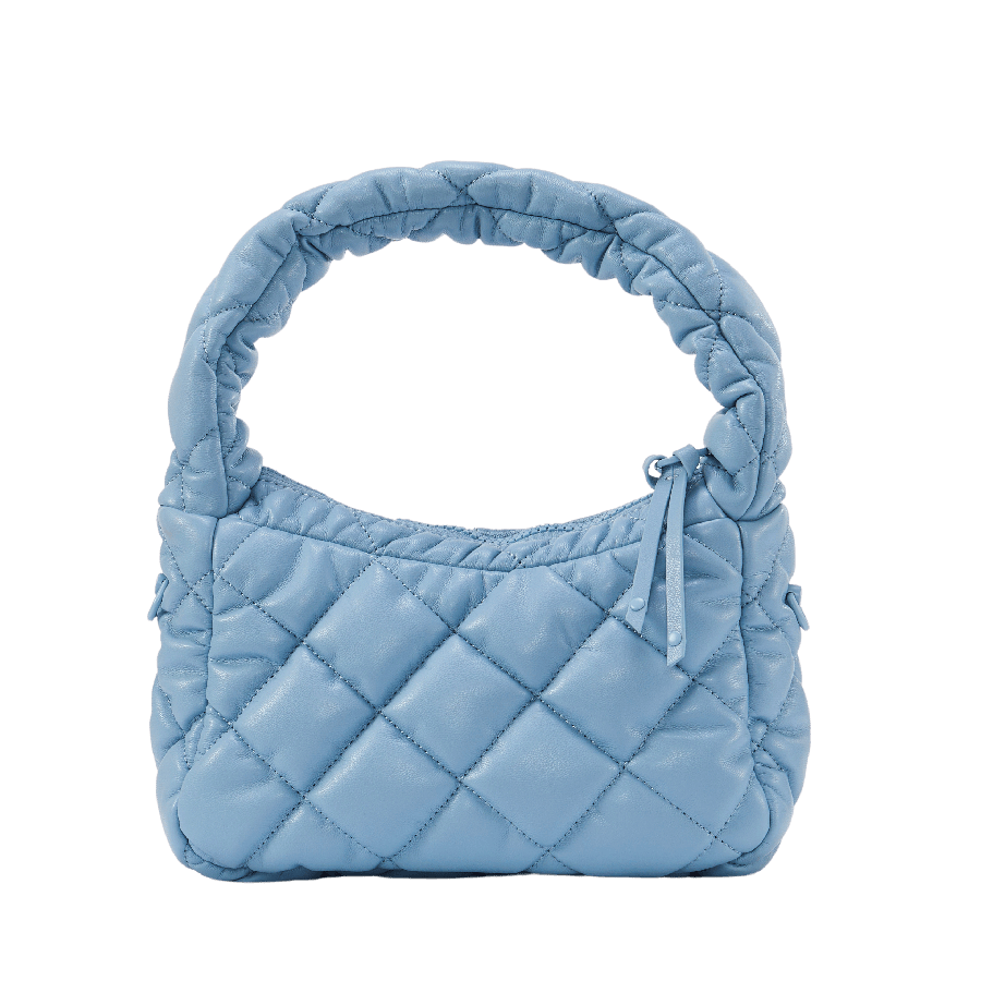 Blue quilting ladies puffy handbag with zip closure