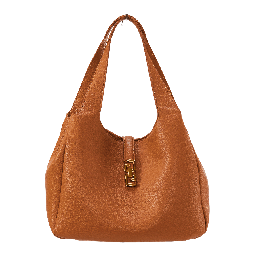 Brown ladies hobo bag with decorative hardware on the small flap