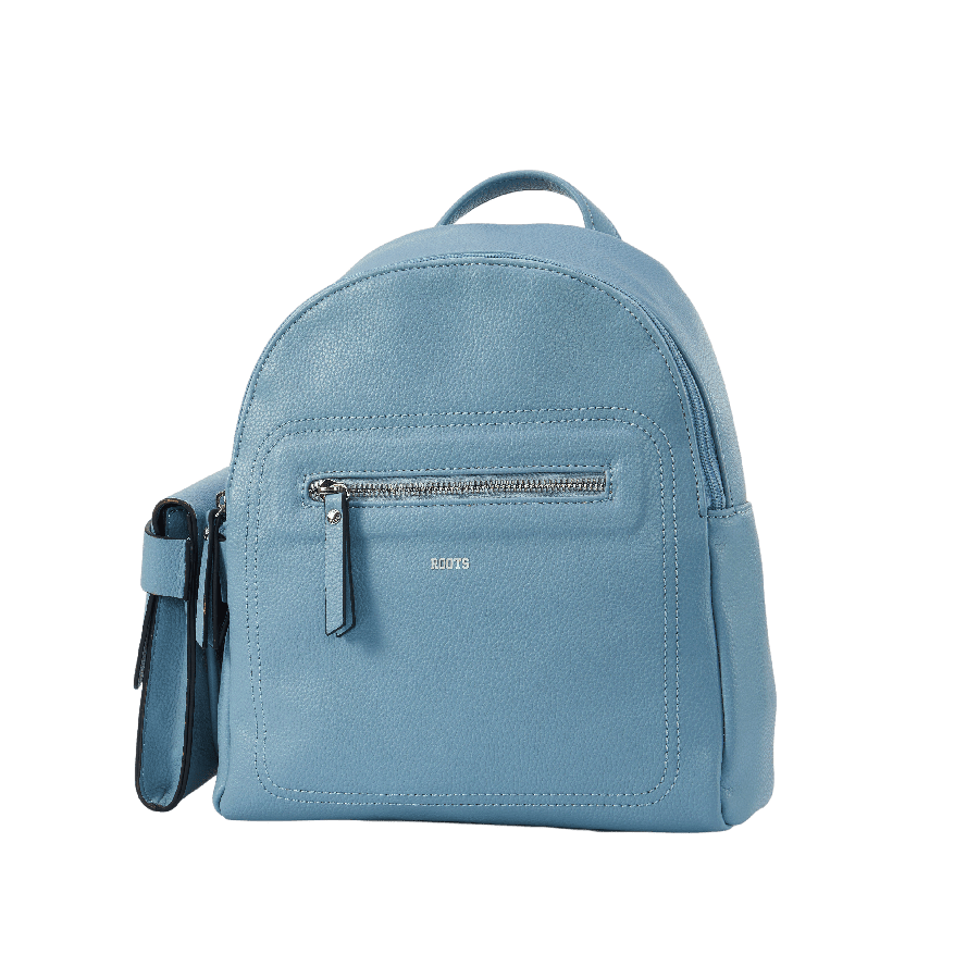 Blue ladies backpack with detachable phone bag on the side