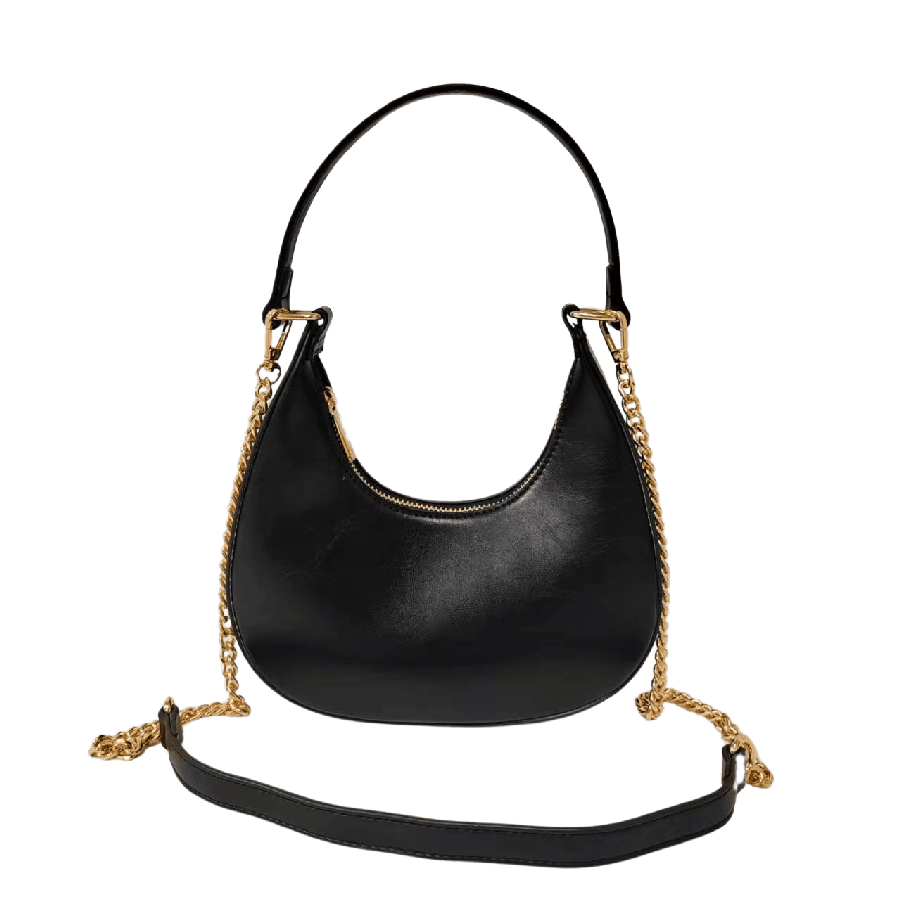 Black structured ladies handbag with chain shoulder strap