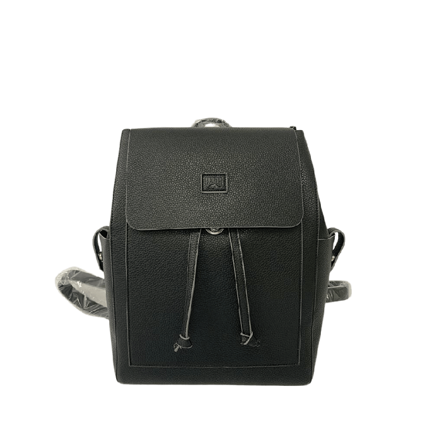 Black pebble PU ladies backpack with drawstring and magnetic snap for closure