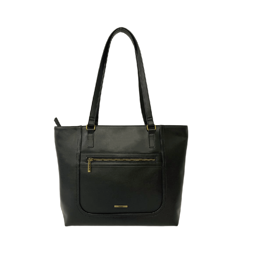 Black ladies tote bag with front zip pocket