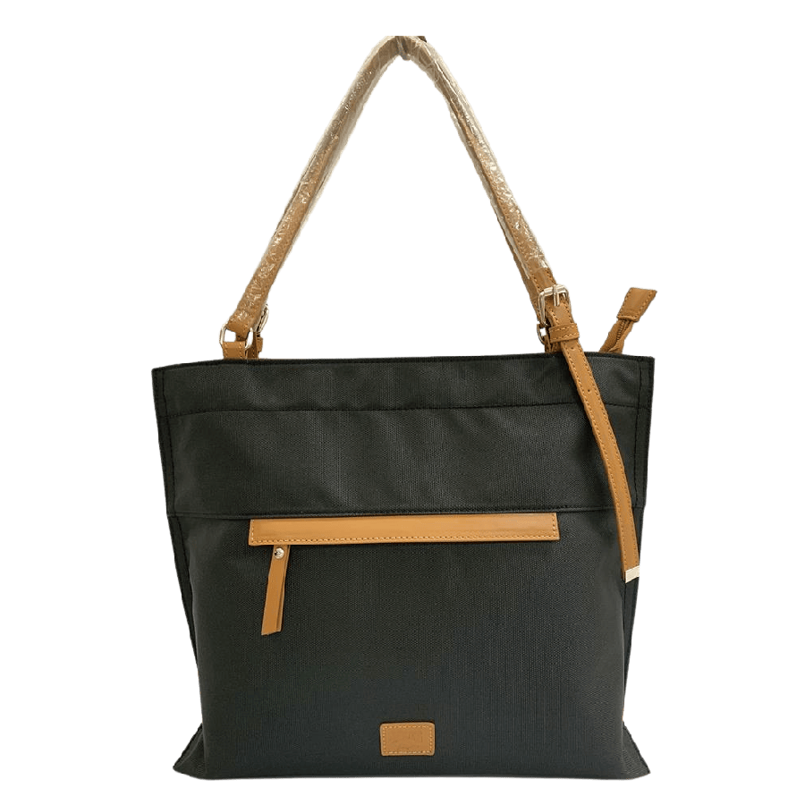 Black ladies tote with camel trim PU and front zip pocket