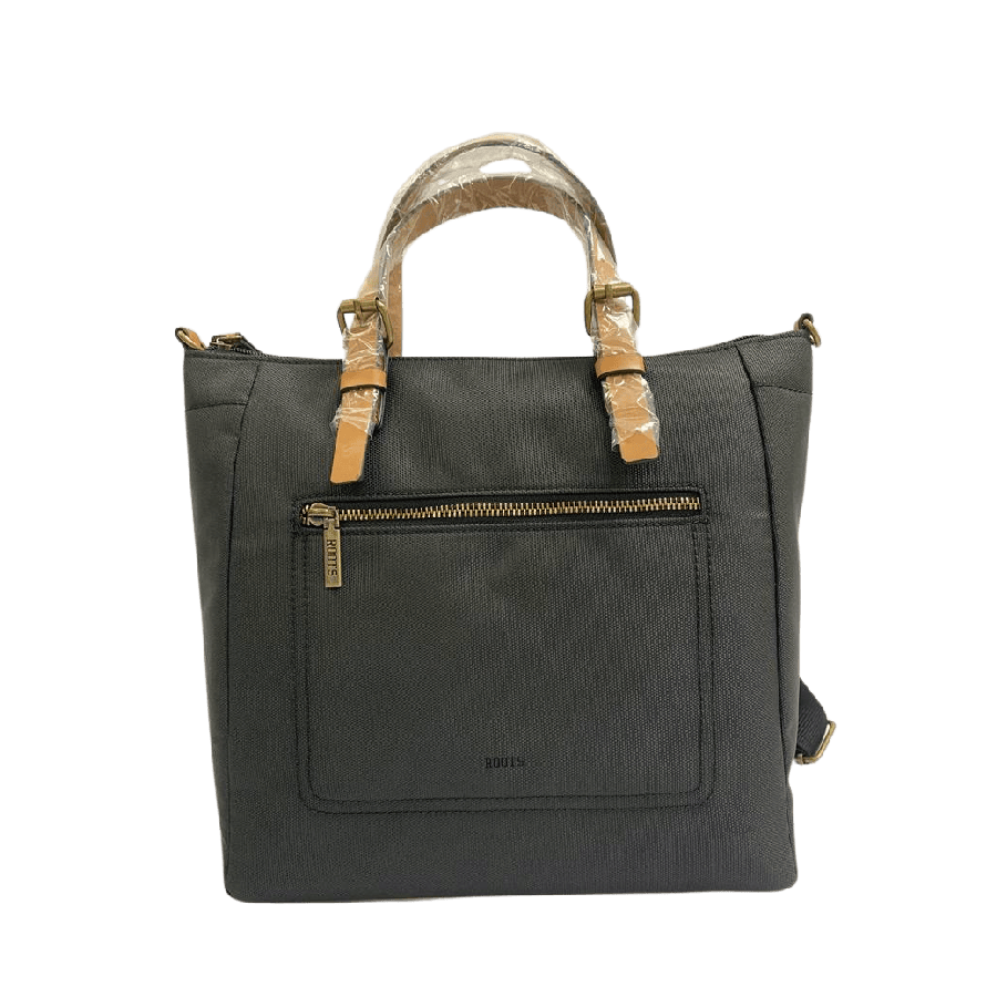 Black ladies backpack with camel trim PU and front zip pocket