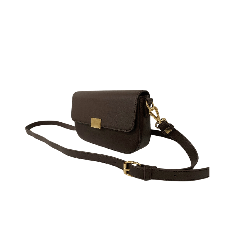 Black ladies handbag with metal plate on the flap