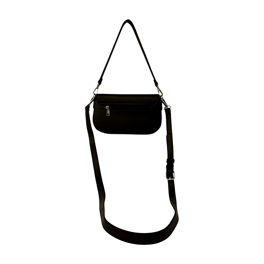 Black ladies handbag with metal plate on the flap