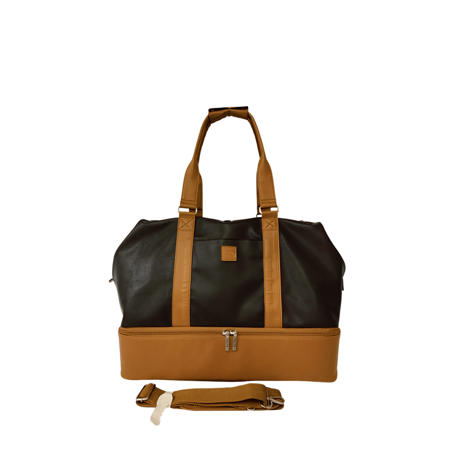 Ladies travelling tote with bottom pocket and back strap to attached luggage