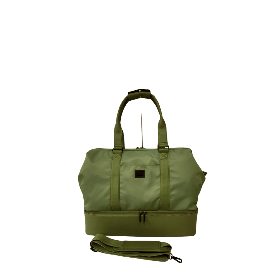 Ladies travelling tote with bottom pocket and back strap to attached luggage