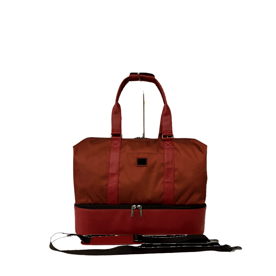Ladies travelling tote with bottom pocket and back strap to attached luggage