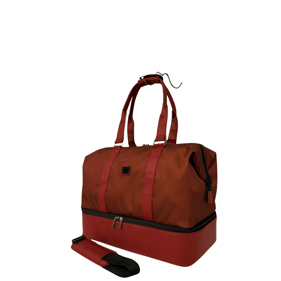 Ladies travelling tote with bottom pocket and back strap to attached luggage