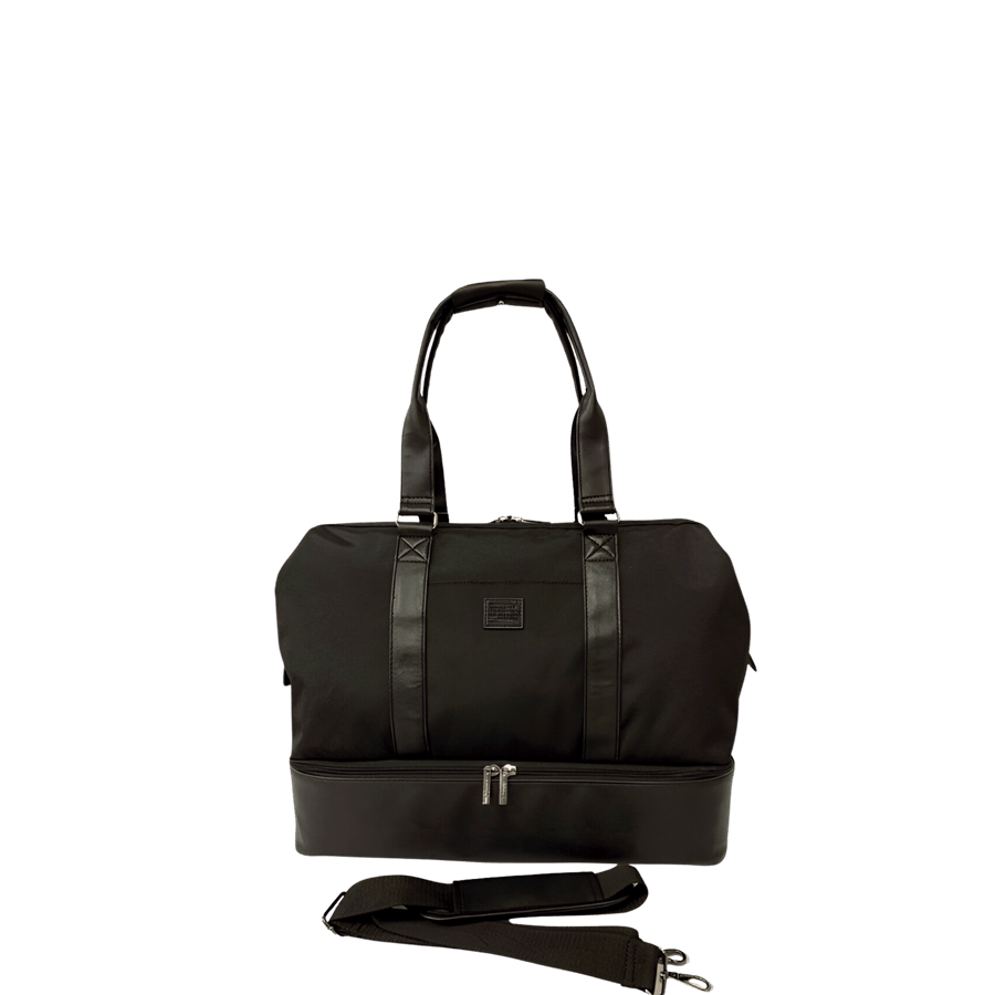 Ladies travelling tote with bottom pocket and back strap to attached luggage
