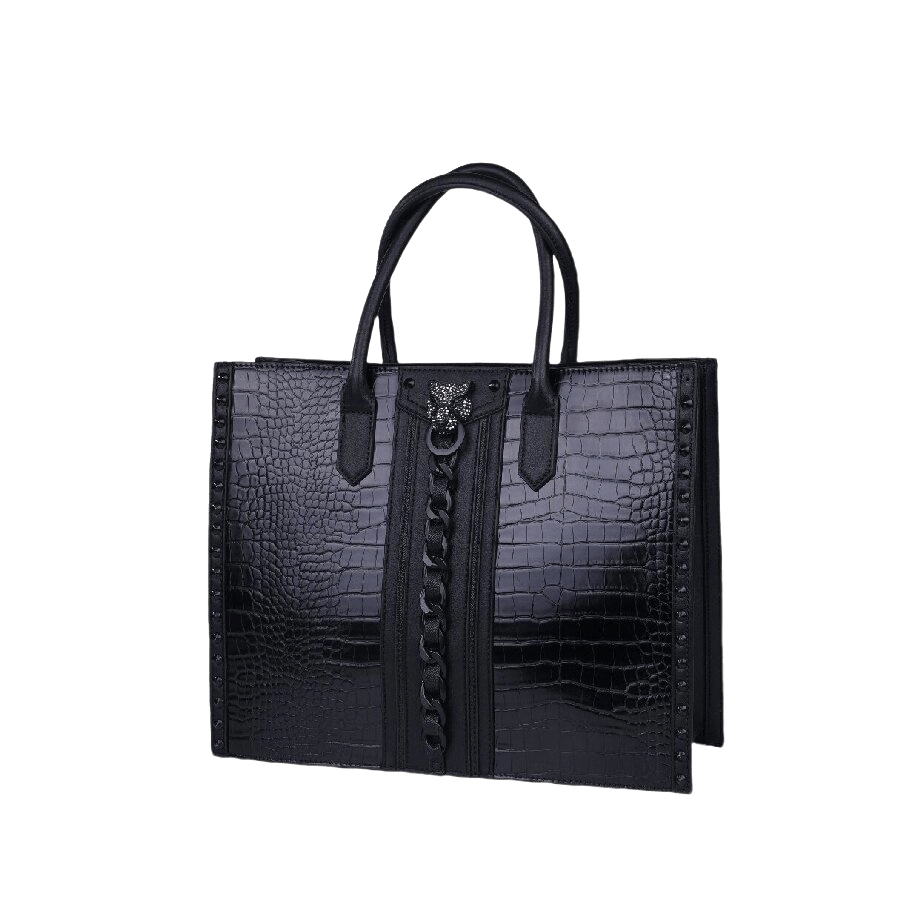 Black croco PU tote bag with decorative chain and back zip pocket