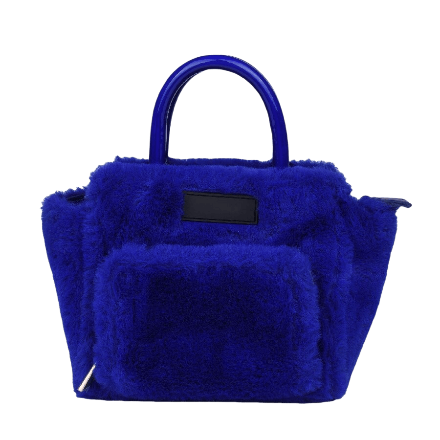 Blue faux fur ladies handbag with front zip pocket and PU patch