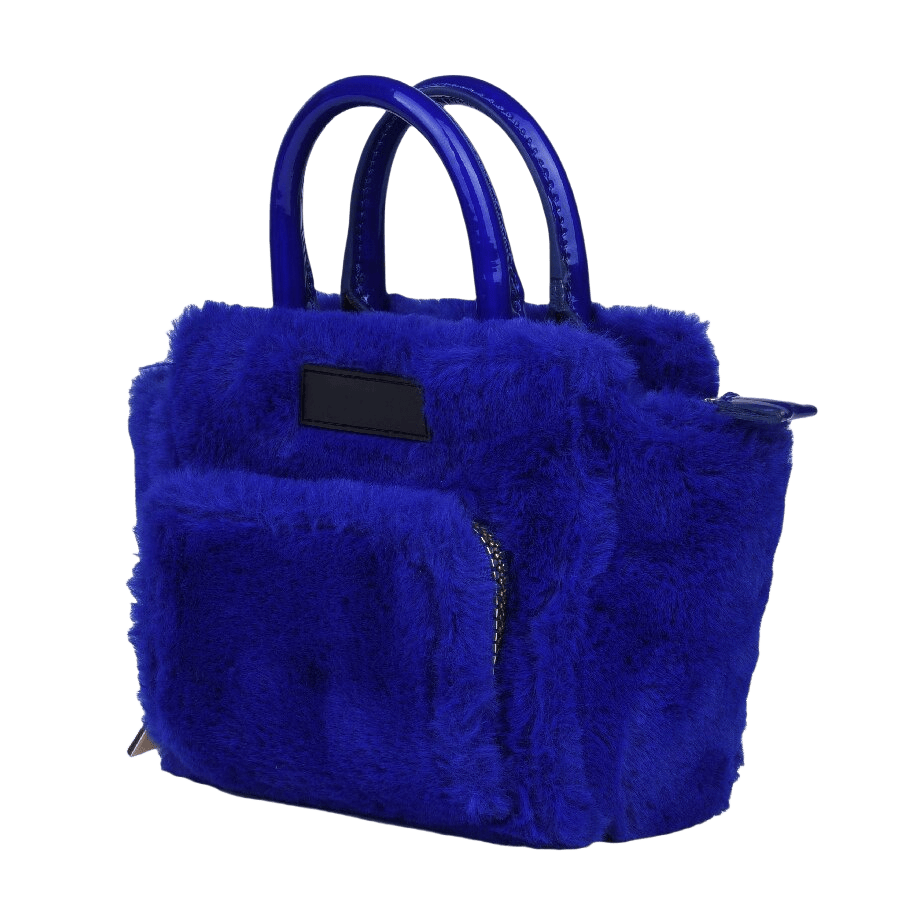 Blue faux fur ladies handbag with front zip pocket and PU patch