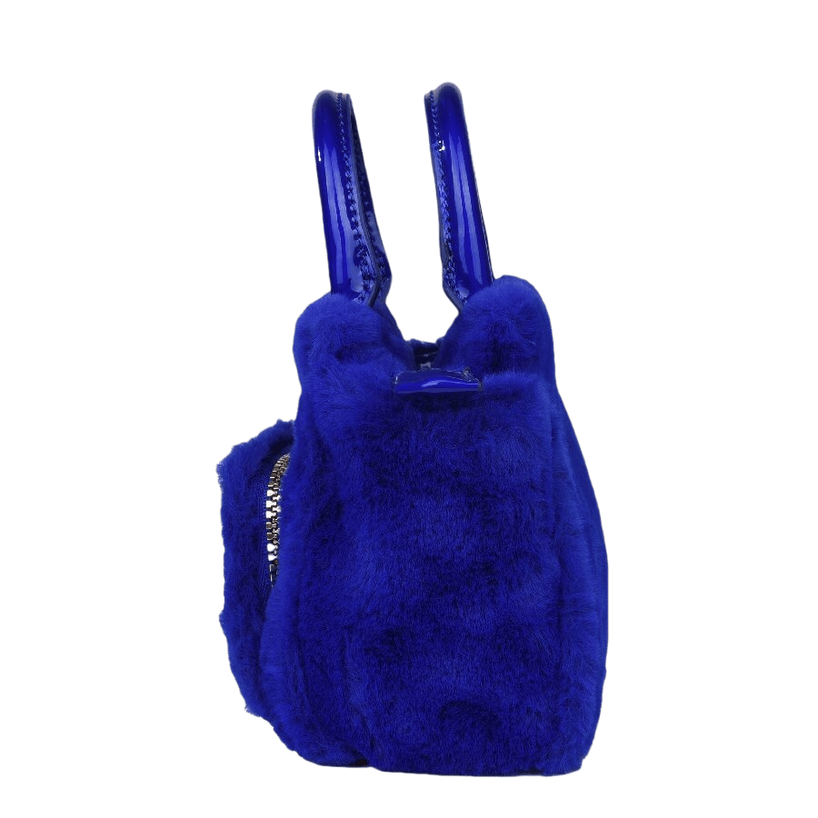 Blue faux fur ladies handbag with front zip pocket and PU patch