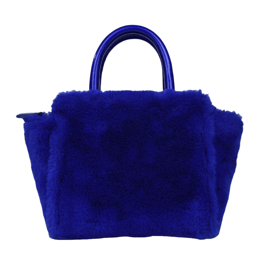 Blue faux fur ladies handbag with front zip pocket and PU patch