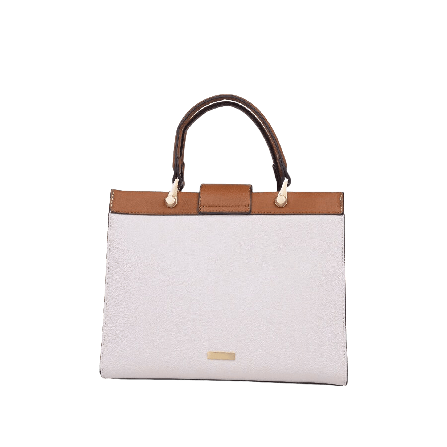 Beige ladies tote with brown trim PU and decorative hareware on the flapp