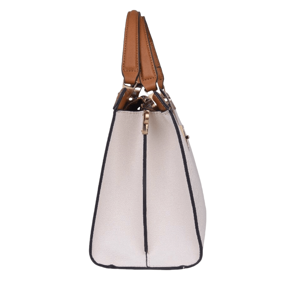 Beige ladies tote with brown trim PU and decorative hareware on the flapp