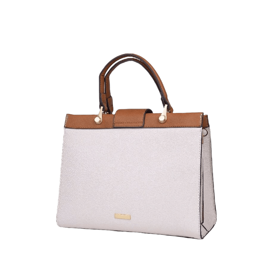 Beige ladies tote with brown trim PU and decorative hareware on the flapp