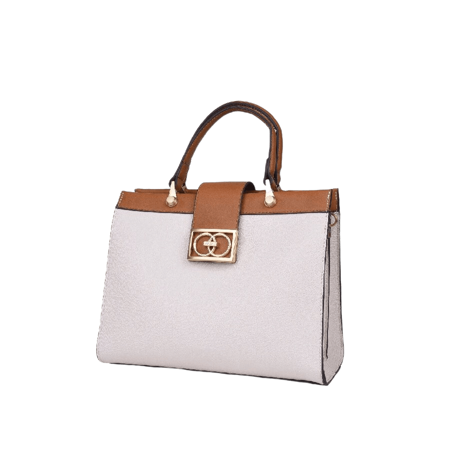 Beige ladies tote with brown trim PU and decorative hareware on the flapp