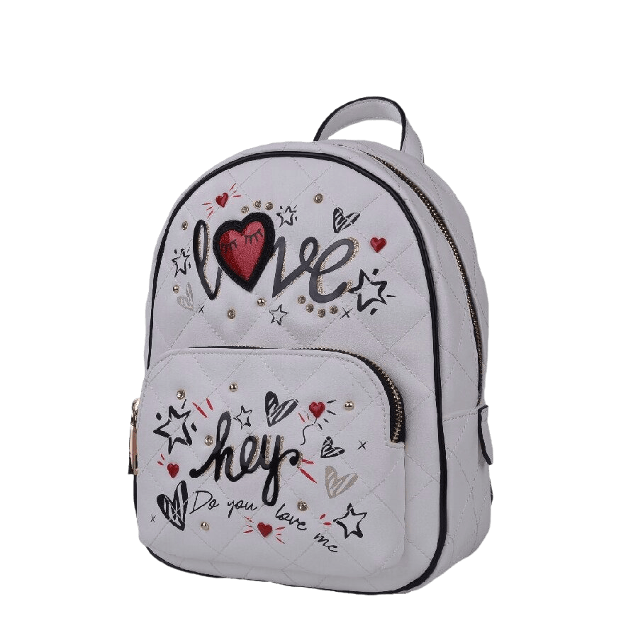 White quilting backpack with decorative patches and front zip pocket