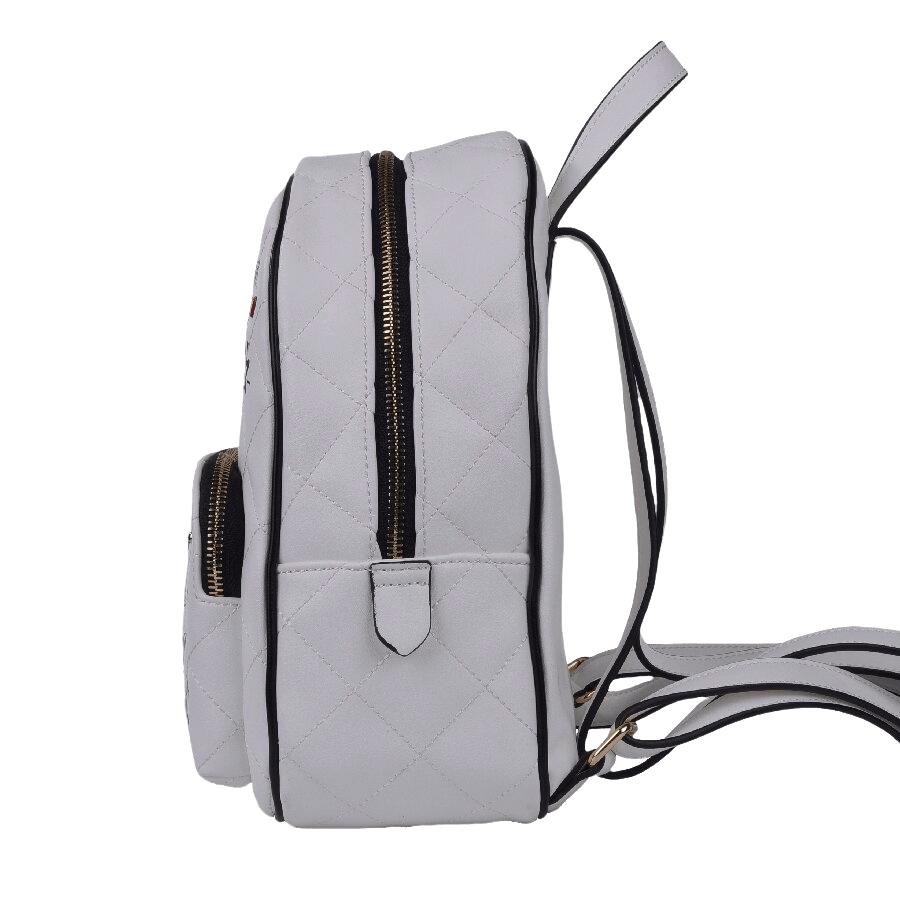 White quilting backpack with decorative patches and front zip pocket