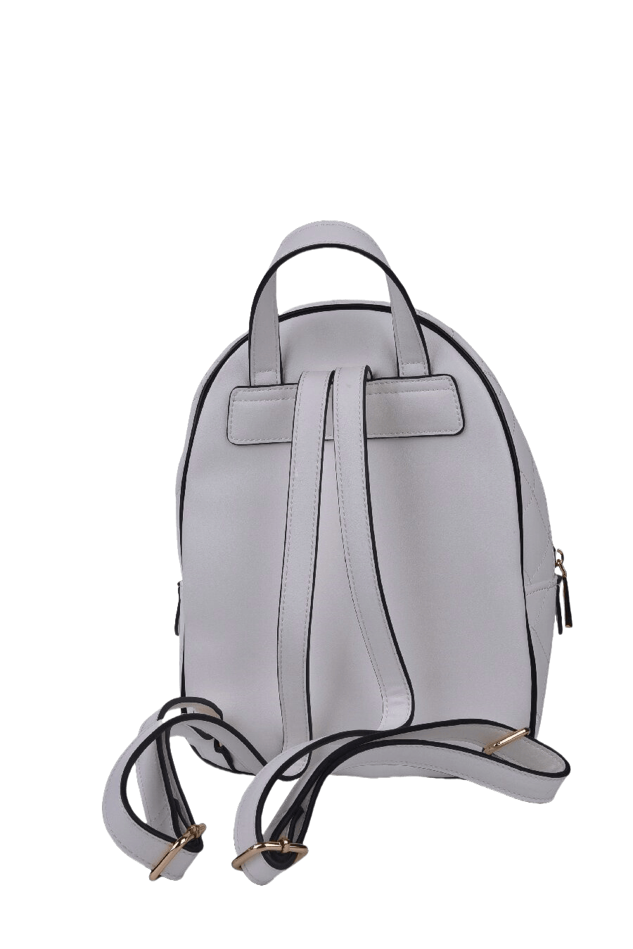 White quilting backpack with decorative patches and front zip pocket