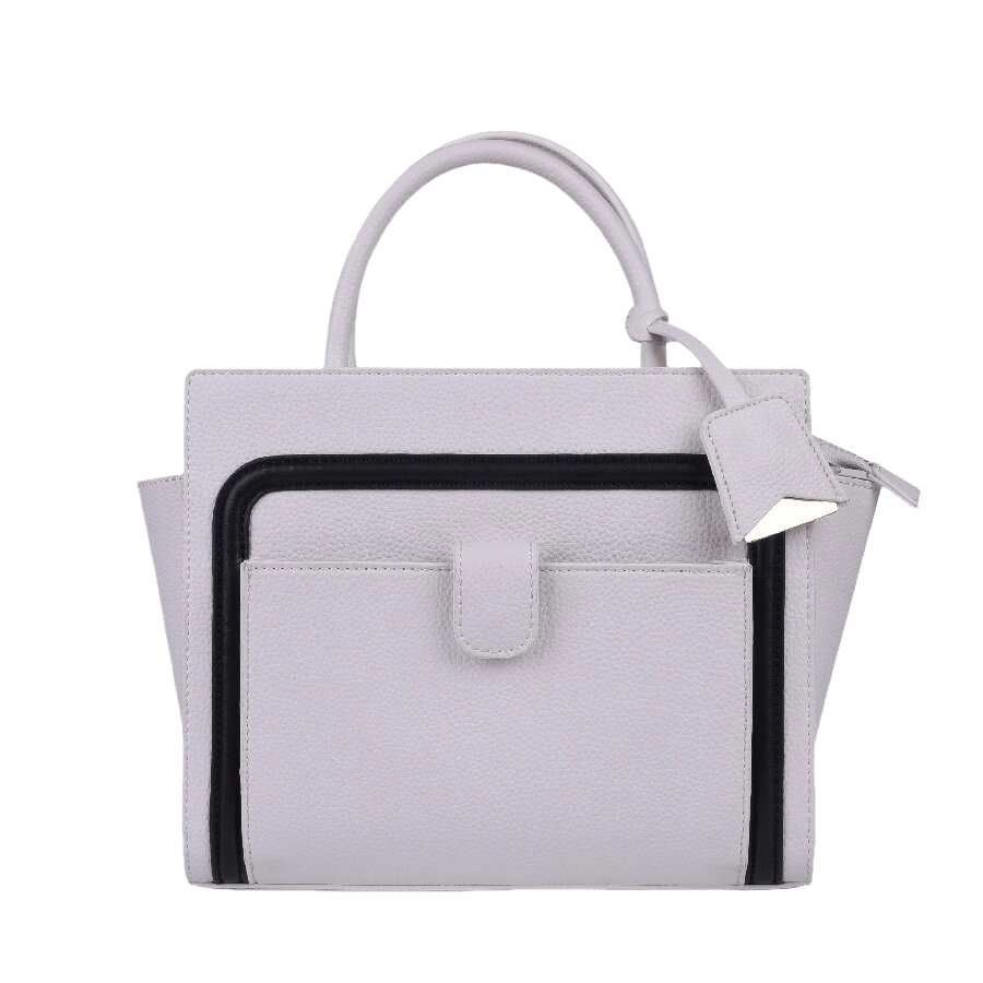 Beige ladies handbag with black trim PU and detachable hangtag