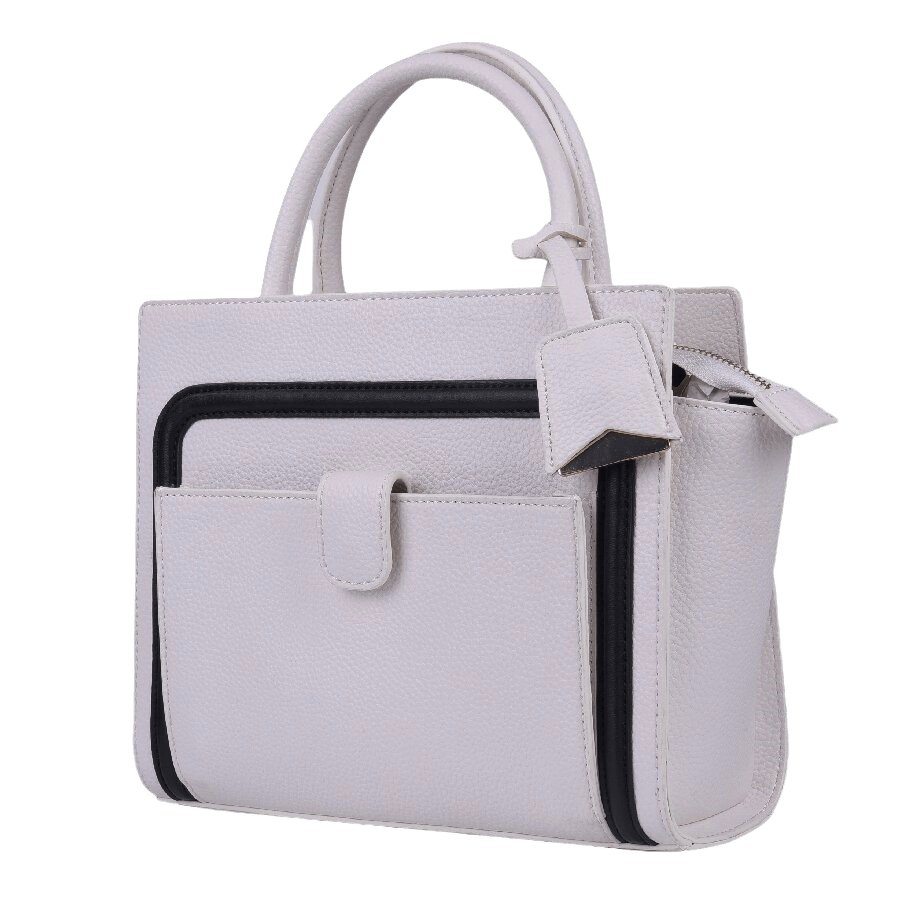 Beige ladies handbag with black trim PU and detachable hangtag