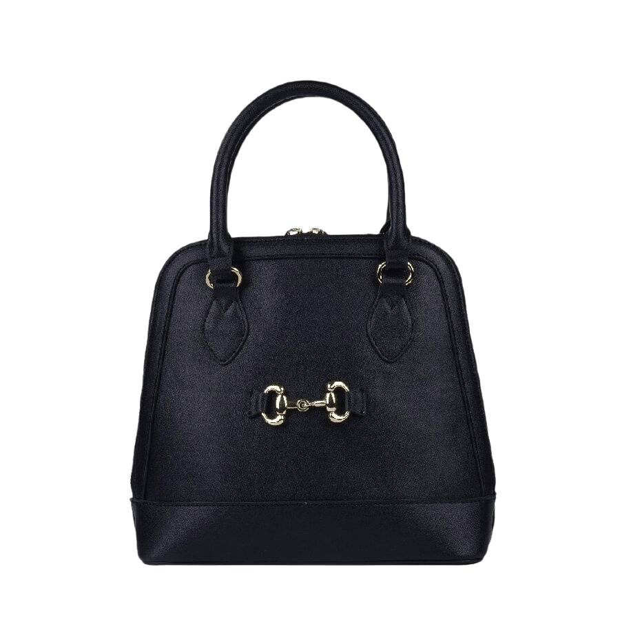 Black ladies handbag with docorative hardware on the front