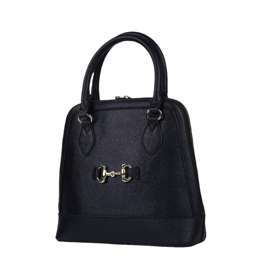 Black ladies handbag with docorative hardware on the front