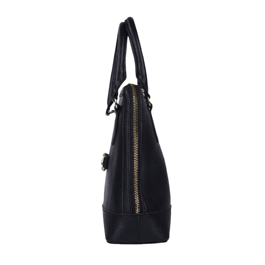 Black ladies handbag with docorative hardware on the front